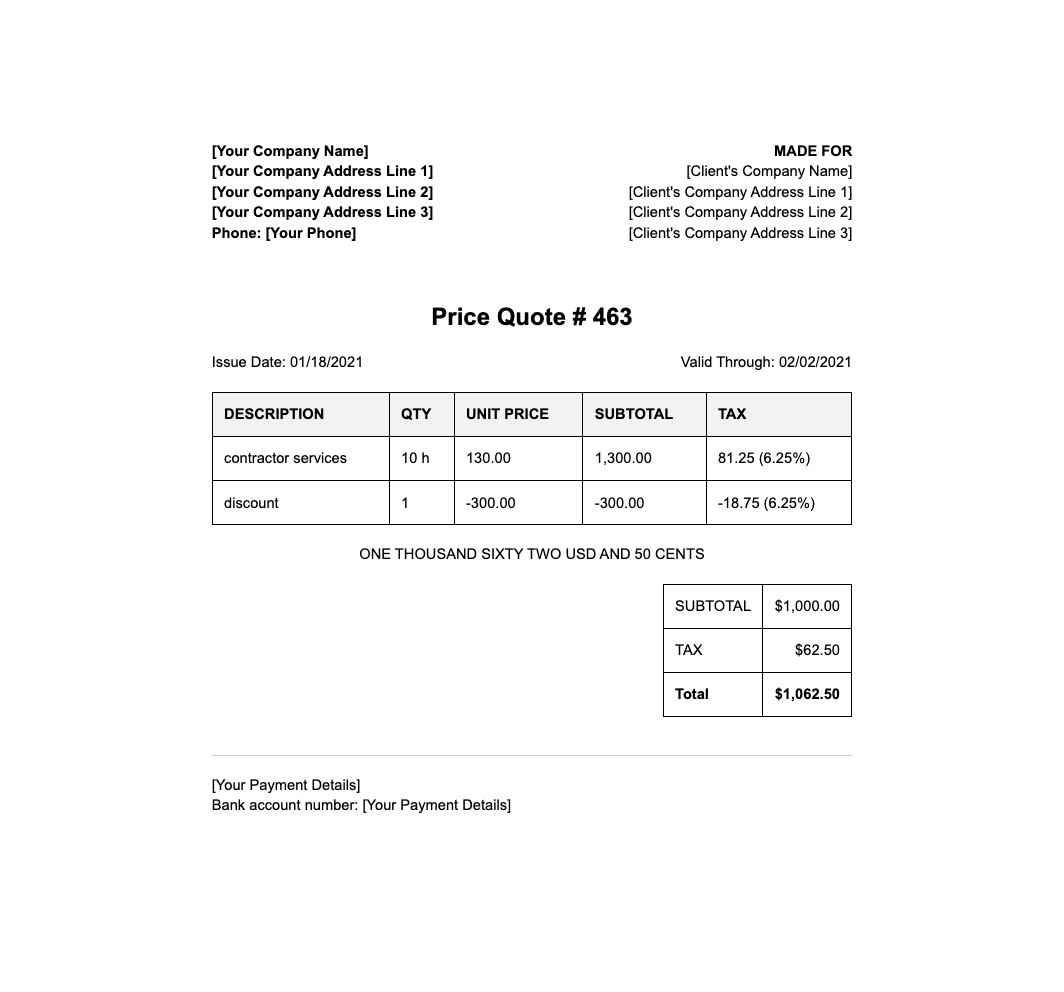 contractor quote template - Professional price quote template with itemized services, tax calculations, and payment details.
